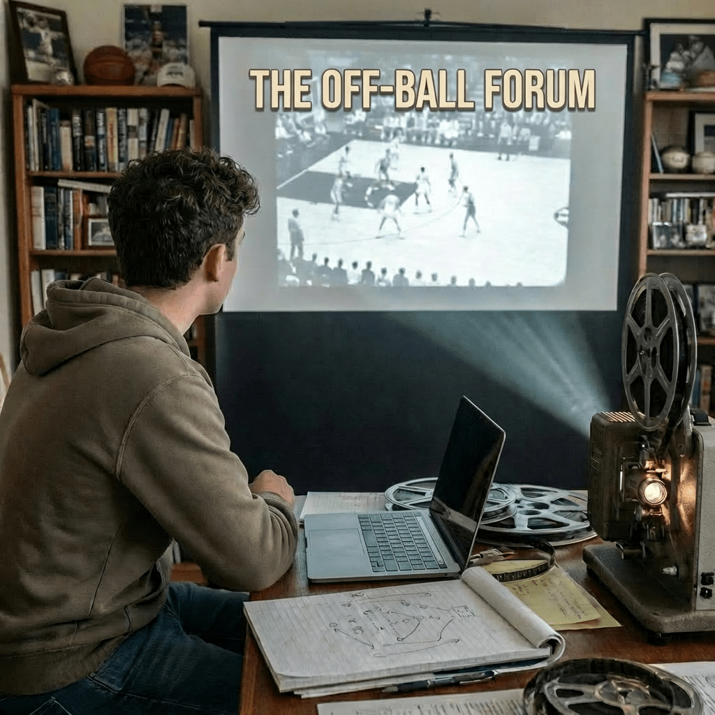 A man points at a projected vintage basketball game while taking notes.